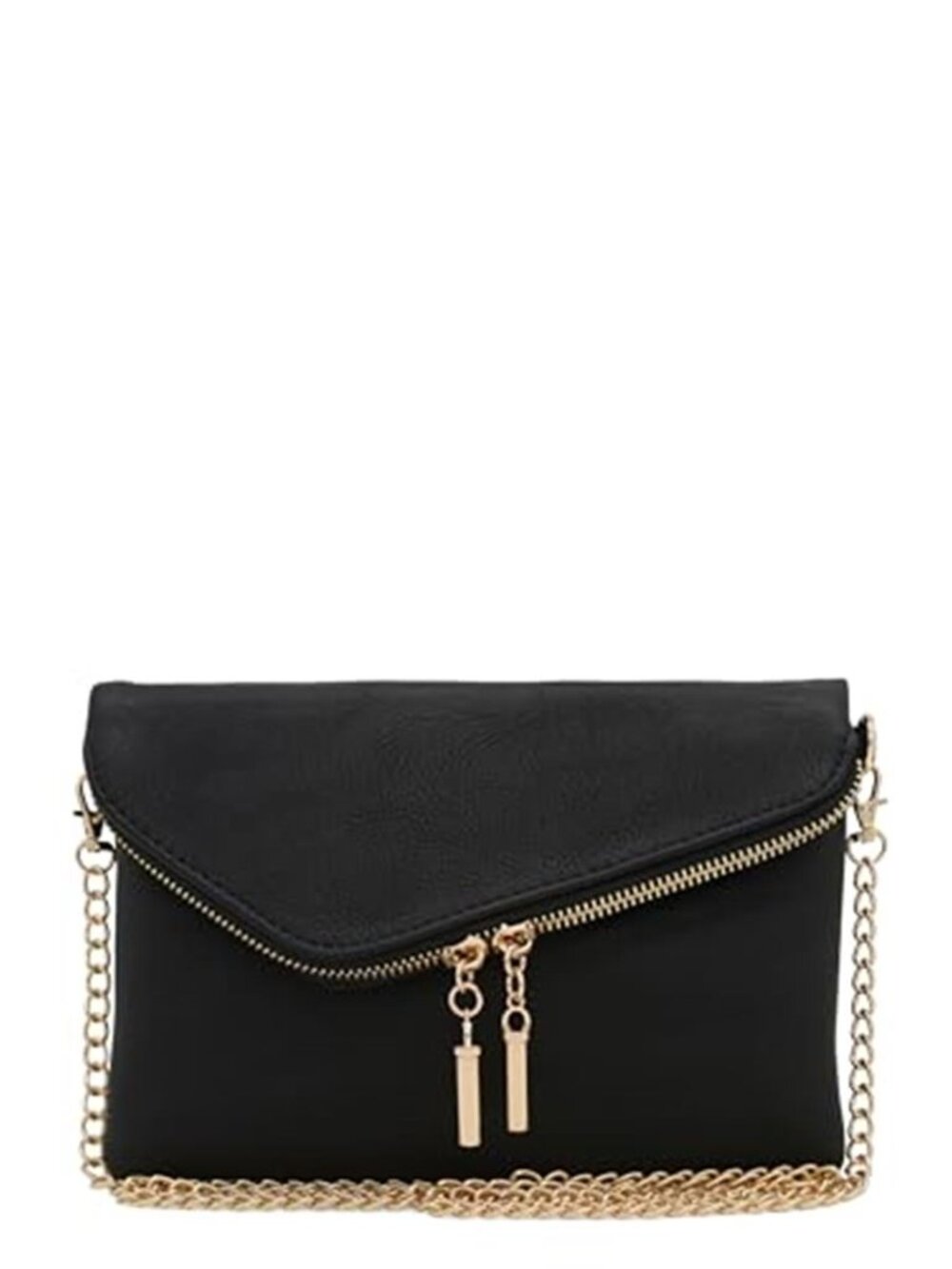 Black Faux Leather Envelope Clutch Wristlet Crossbody Bag Gold Chain Strap